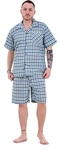 Malay Mens Yarn Dyed Woven Pyjama Set Regular Big Size Check Cotton Blend Shorts M-5XL Blue Green