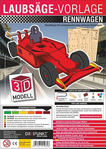 Laubsägevorlage Rennwagen: Laubsägevorlage für einen Rennwagen als 3D-Modell aus hochwertigem 3mm Pappelsperrholz.