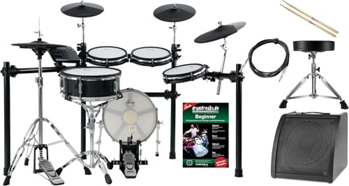 XDrum DD-650 Mesh E-Drum Kit Live Set - elektronisches Schlagzeug mit echter HiHat - 14 Snare-Pad und 14 Kick-Pad aus Holz - inklusive Rack, Hocker, Monitor, Kabel und Sticks - Black Sparkle