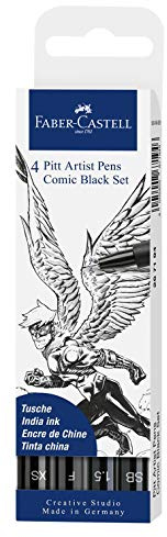 FABER-CASTELL - Tuschestifte Pitt Artist Pen Comic Set, 4 Stifte | Wasserfeste und lichtbeständige Zeichentusche für Comics, Illustrationen und Skizzen
