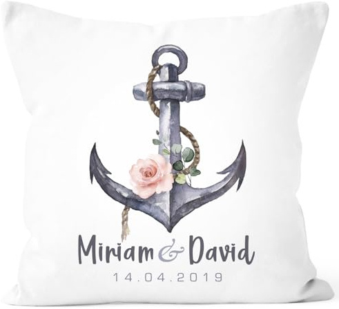 SpecialMe® personalisierbare Kissen-Hülle zur Hochzeit Anker Blumen mit Namen und Datum Hochzeitsgeschenk Weiss Unisize