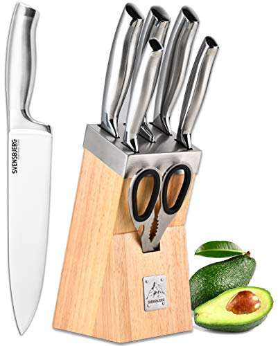 SVENSBJERG Messerblock mit Messerset bestückt, 5 Profi-Küchenmesser, modernes skandinavisches Design aus Massiv-Holz, scharf Edelstahl-Kochmesser-Set, hochwertige rostfreie Messer