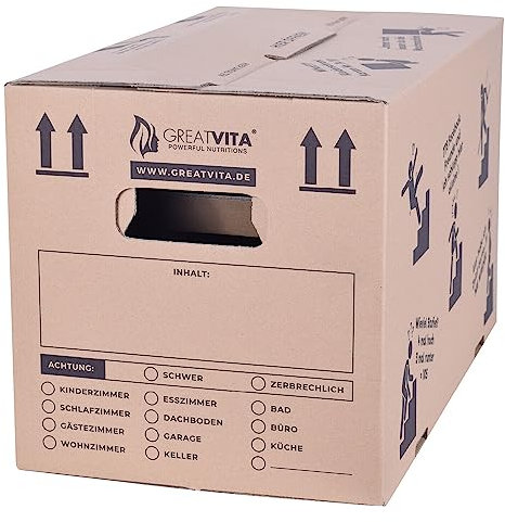 Umzugskartons 10 Stück 2‑wellig, extra stabil bis 40 kg, 600 x 330 x 350 mm, recycelte Pappe, schnell aufbauend ohne Klebeband, moving boxes sowie archivbox mit verstärkten Tragegriffen | GreatVita