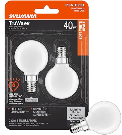 Sylvania LED TruWave Natural Series Décor Globe G 16.5 Light Bulb, 40W Equivalent, 4.5 Efficient, Candelabra Base, Dimmable, 350 Lumens, 2700K, Frosted, Soft White - 2 Pack (40797)