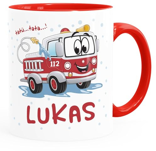 SpecialMe® Kindertasse Personalisiert Feuerwehrauto Tatü Tata Namenstasse Kinder Jungen Mädchen Kinderbecher Keramik Inner-rot Keramik-Tasse