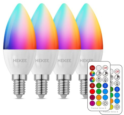 HEKEE E12 Candelabra Light Bulbs, Color Changing Bulb with Remote, Plug-in Only, E12 Base, 12 RGB+2700K Warm White, 40W Equiv (5W), 450LM, Timer, 2 Modes, for Chandelier/Ceiling Fan, 4 Pack