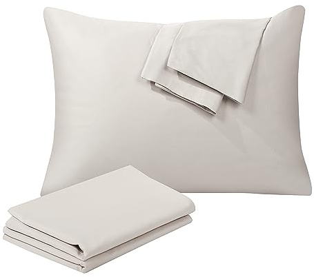 Juego de 4 protectores de almohada 100% algodón egipcio, tamaño Queen, funda de almohada refrescante de tejido de satén de 400 hilos, fácil cuidado, con cremallera (paquete de 4, beige claro, Queen)