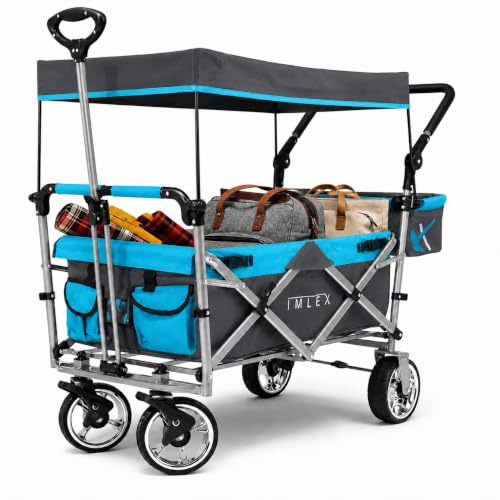IMLEX XXL Bollerwagen faltbar mit Dach, breite verchromte Räder, Schiebegriff und Zugstange, 3-Punkt-Gurtsystem, Bremsen, klappbare Hecktasche, Taschen und Schutzhülle IM-4268 Azurblau