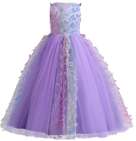Vestito da bambina senza maniche, con farfalla e linea A, in tulle, per damigella d'onore, per la prima comunione, compleanno, festa, abito da sera lungo, A#lilla