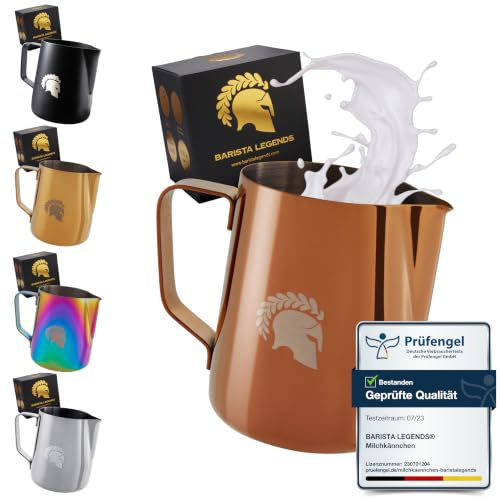 Barista Legends® Milchkännchen Edelstahl 350ml für Latte Art, Kupfer | Milchschaumkännchen Edelstahl hochglanz poliert mit speziellem Latte Art Ausguss, zum Milchaufschäumen, spülmaschinenfest