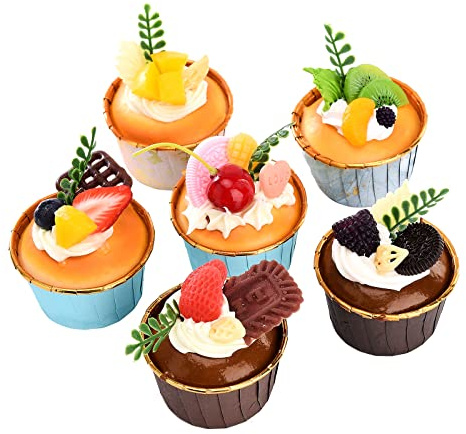 MISNODE Lot de 6 faux cupcakes réalistes - Gâteaux artificiels - Desserts pour décoration - Polyuréthane - Multicolore - 7,1 x 6,6 cm - 198 g