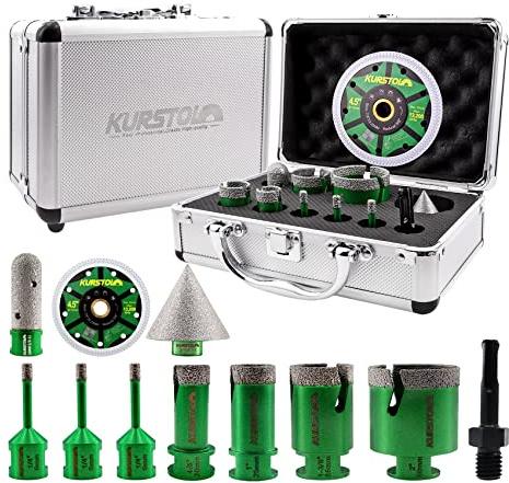 KURSTOL Diamond Core Drill Bits Kit - 11pcs 6/6/6/20/25/35/50mm+2 Beveling Chamfer Bit+3/4 Finger Milling Bit+SDS Adapter to 58-11 thread+4.5 Cutting disc for Porcelain Ceramic Tile Granite Marble