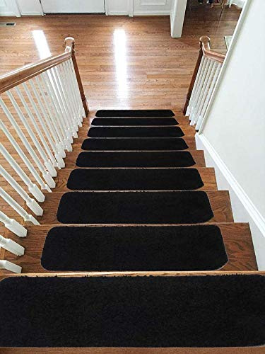 emmahome Soft Shaggy Carpet Stair Treads/Mats/Rugs NON-SLIP MACHINE WASHABLE, 30mm Thickness, 20x55cm (13pc in Box, Black)