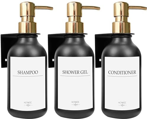 Seifenspender Wandbefestigung, Shampoo Flaschen Zum Befüllen Mit 16 Wasserdichten Etiketten, Spülmittelspender Ohne Bohren, Badezimmer Seifenspender Set, 500ml, 3 Stück, Gold Schwarz
