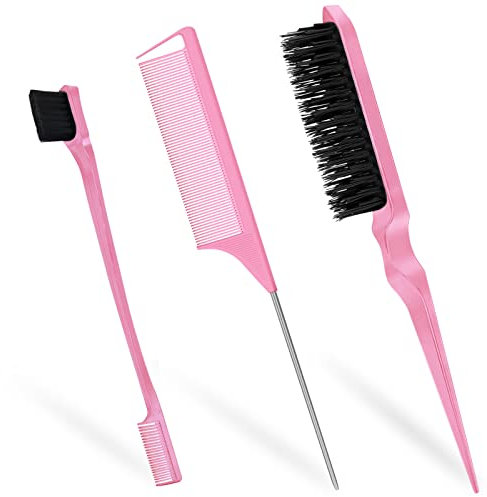 Qufiiry 3-Piece Hair Slick-Back Brush Set - Teasing & Edges Brush for Women's Salon Styling - Pink