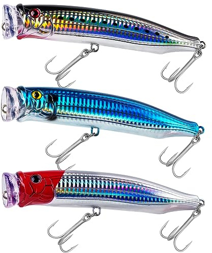 THKFISH Popper-Köder, Salzwasser, Thunfisch, Popper, Topwater Angelköder für Brandungsangeln, Barsch, mit 3D-Augen, für GT Thunfisch, große Fische, 15 cm, 1 Stück / 3 Stück