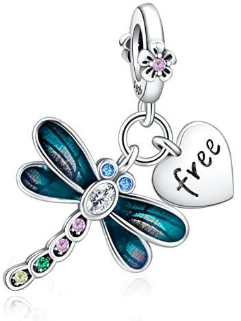 Rimgoris Plata de ley 925 Charm para mujeres pulseras collar Esmalte Libélula Corazón Colgante Dije Pulsera