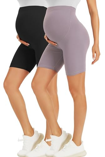 VALANDY Mammakläder shorts över bula moderskap tights magstöd moderskap kläder fjäril mjuka stretchiga justerbara graviditetsbyxor, 2-pack-svart/månsten, L