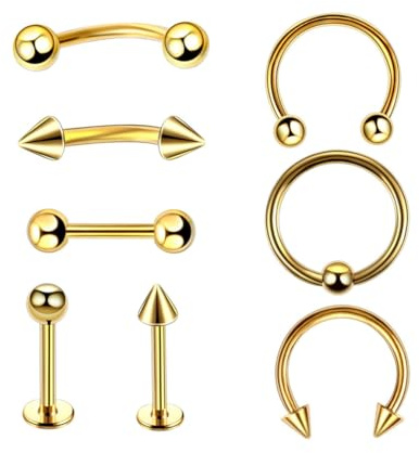 Decentraland 8 Stück 16G Gold Chirurgenstahl gerade gebogene Hanteln Hufeisen Schlangenaugen Zunge Nippel Bauch Augenbraue Nasenringe Ohrstecker Knorpel Mund Hoop Piercing Schmuck Damen Herren