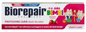 Biorepair Bimbi, Dentifricio Protezione Carie, Bambini 0-6 Anni, Con Estratto di Fragola, Con MicroRepair, Clinicamente Testato, Senza Fluoro e Coloranti, 50ml