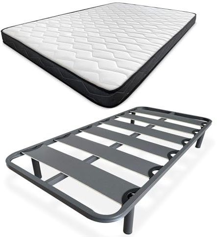 amuéblate online - Letto completo con materasso Fit reversibile (lato inverno/estate) + rete rinforzata 40 x 30 mm con 4 gambe metalliche filettate, 90 x 190 cm