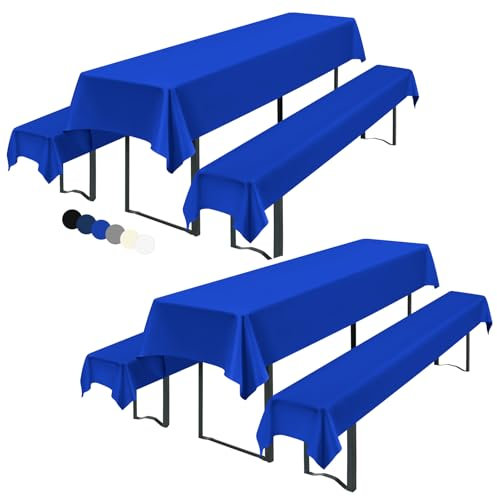 Showgeous 2 Sätze Biertischhussen Set 3tlg. Hussen für Bierzeltgarnitur- 2 Biertisch Tischdecke universal für 50cm u.70cm Biertische 250x100cm+ 4 Bierbank Hussen 250x55cm,Dicker Wasserfest(Königsblau)