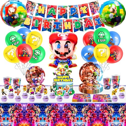 Partygeschirr Geburtstagsdeko 92 Stück Mar io Bros Geburtstag Party Supplies, Kindergeburtstag Dekoration Luftballon Banner Tischdecke Teller für Kinder Mädchen Theme Geburtstagsdeko