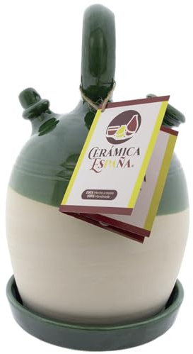 CERÁMICA ESPAÑA | Botijo de barro blanco español | Botijo asa redonda base ancha Modelo A03 | 100% Hecho a mano | 4 litros | ECO | Plato INCLUIDO