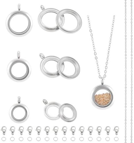 UNICRAFTALE 3pcs Stainless Steel Floating Locket Pendants Crystal Double Sided Frame Memory Locket Charm Glass Container Memory Flat Round Charm with 450mm Chains for DIY Jewelry Making