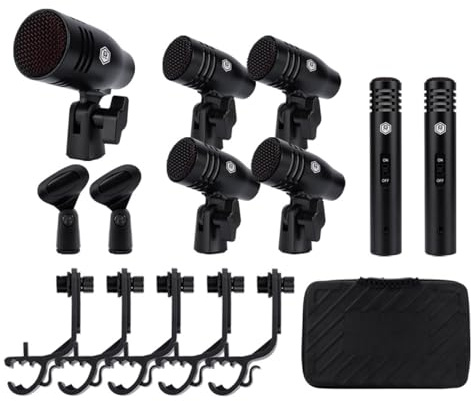 W IN-MIX WM7 7 Piece Wired Dynamic Drum Mic Kit Microphone | (Whole Metal)- Kick Bass, Tom/Snare & Cymbals Microphone Use for Drums, Vocal, Other Instrument Complete with Thread Clip