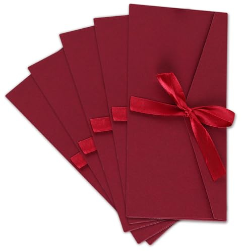 XNIVUIS 5 Stück Schöne Briefumschläge, Kraftpapier Umschläge mit Schleife, Retro Vintage Kraft Kuvert Briefkuvert Briefhülle für handgefertigte Einladungen, Hochzeits- oder Festival-Karten (Rot)