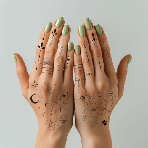Minimalistiska tillfälliga tatueringar för kvinnor, små fingertatueringar, fin linjekonst, söta blommor, doodles, boho-stil, dekorationer, små falska tatueringar, set med tennask för barn