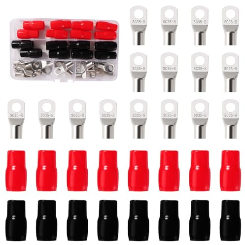 YIXISI 32 Stücke M8 SC35-8 AWG2 Ringkabelschuhe Set, Röhrenförmige Batteriekabelenden, Kupferkabelschuhe, mit Isoliertüllen Sleeve, für Elektrokabel, Silber