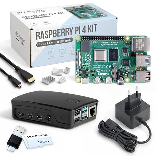 db-tronic Raspberry Pi 4 2GB Starter Set | 64GB Black Edition | Netzteil 15W | Gehäuse schwarz | Kühlkörper Set | 4K Micro HDMI Kabel | Ideal für Smart Home, Retro Gaming & Home Assistant