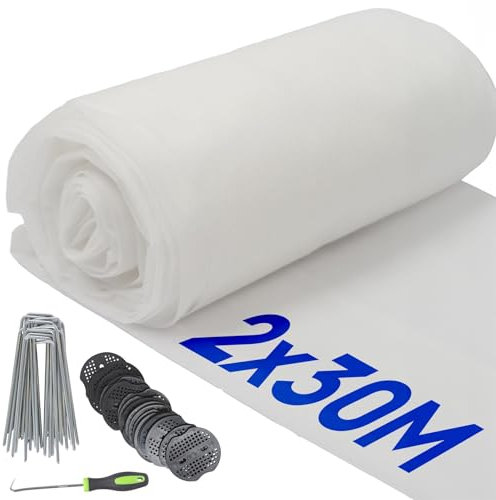 Harbour Housewares 30gsm Plant Fleece Frost Protection Set with Pegs & Plates - 2M x 30M (3 Rolls) - White - Horticultural Winter Wrap Cover Protector Netting for Outdoor Garden Plants, Trees, Grass