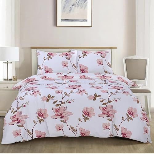 Luxury 4-Piece Marble Floral Bedding Set – Soft Duvet Cover, Deep Pocket Fitted Sheet, Pillowcases – Wrinkle-Resistant, Hotel-Quality, Machine Washable, All-Season Bedding – Floral-White – Single