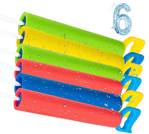 Water Guns, 6-Pack Foam Blaster Squirt Toys – Lightweight, 11m Range, Noodle Design – Outdoor Summer Toys for Kids & Adults – Pool, Garden, Beach Play Fun