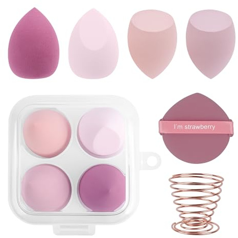 Lot de 4 Éponges Maquillage, Éponge Visage pour Fond de Teint, BB Crème, Correcteur et Poudre, avec Boîte de Rangement, Puff et Support