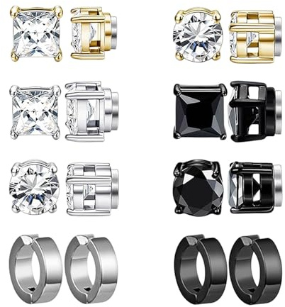 8 Pairs Stainless Steel Magnetic Earrings, Magnetic Zirconia Hoop Earrings for Men Women, Round/Square Magnet Earring Studs, Non Piercing for Women Men Clips On Earrings 6MM