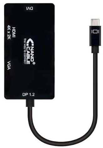 Brightium Convertisseur USB-C vers SVGA/DVI/HDMI 3 en 1, Support 4K, 10 cm, Noir, idéal pour connecter des appareils à différents écrans.