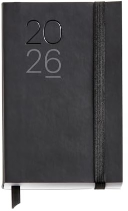 Miquelrius - Agenda 2026 día por página, Formato pequeño (90 x 140 mm), Planificación diaria, Cubierta flexible símil piel cosida, Papel 80 g/m², Español-EN-PT, Negro