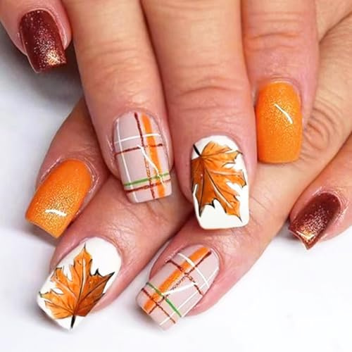 Viugex Press on Nails Mittel Square, 24PCS French Orange Glänzend Kunstnägel Zum Aufkleben mit Ahornblatt Design, Acryl Künstliche Nägel Herbst Winter Fingernägel zum Aufkleben für Frauen Mädchen