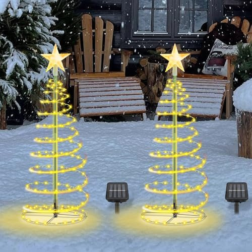 NAVESO 2 Stück Spiral Solar Weihnachtsbaum, Wasserfest Weihnachtsdeko Aussen Solar Wetterfest Weihnachtsbaum für Gärten, Höfe, Terrassen Deko, 8 Modi, Warmweiß