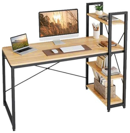 ZOLTA Loft Schreibtisch mit Regalen 120x48 cm Schwarz Eiche Natur Stabiler Computertisch Homeoffice Arbeitstisch Gamingtisch höhenverstellbar Metallrahmen MDF Ablage Links oder rechts montierbar