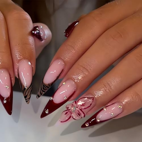 Faux ongles longs à presser Stiletto – Faux ongles artificiels bruns français avec design floral rose et léopard, faux ongles floraux 3D faits main pour femmes, lot de 24 pièces