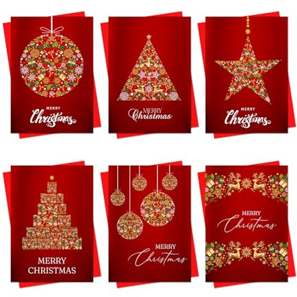 Christmas Cards Boxed Red Card | 30 Pack Xmas Cards Multipack | 6 Unique Christmas Tree Star Bauble Designs Festive Seasons Greetings For Friends Family
