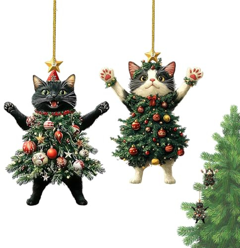 Patifirst Katzen Weihnachtsbaum Deko - Katzenanhänger Als Christbaumschmuck | 2 Stücke 2D Acryl Heimdekoration für Weihnachten, Außen, Innen, Hof, Garten, Terrasse, Tür, Fenster, Rucksack und