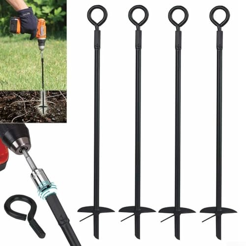 4er Set Spiralbodenanker 38cm lang mit Faltringen zur Sicherung von Gartenbauwerken, Anhängerzelten, Zäunen, Spielplätzen und Unterständen im Freien