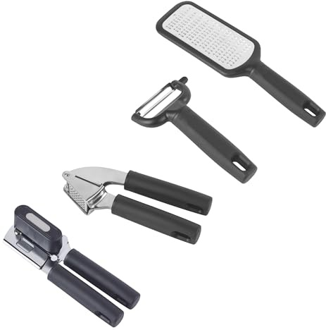 Salter Expert Kitchen Tool Set – Grater, Garlic Press, Y Peeler & Can Opener with Soft-Grip Handles, Sharp Stainless-Steel Blades, Durable & Dishwasher Safe for Cooking & Food Prep | Stainless Steel Construction, Soft-Grip Handles, Dishwasher Safe, Everyday Food Prep Tasks, 4-Piece Set