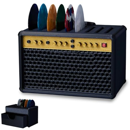Leseogye Guitar Pick Holder with Back Drawer, Guitar Accessories, 5 Slots Guitar Pick Case with Back Drawer, Speaker Shape Storage Box Gifts for Guitarists